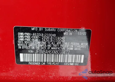 2022 Subaru Wrx Premium z USA, uszkodzony, nr VIN JF1VBAH6XN8033472